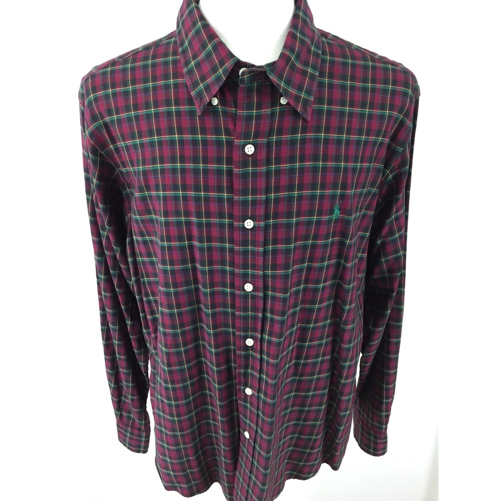 Ralph Lauren Men's XL Maroon Plaid Long Sleeve Button Front Custom Fit Shirt